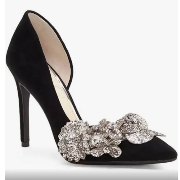 Jessica Simpson velvet like black heels embellished with silver flower details. - Picture 1 of 8